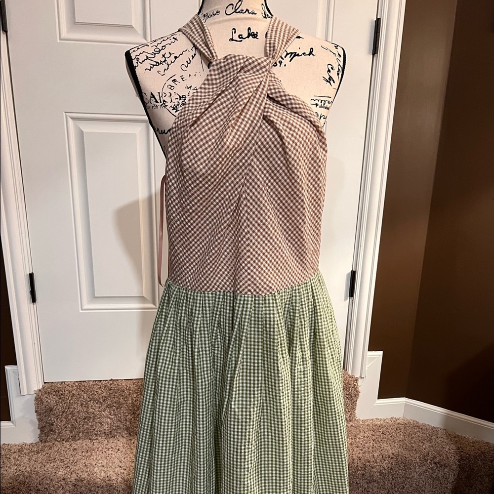 Gal Meets Glam Gingham Colorblock X Back Pleated Halter Dress Size 14 worn once!